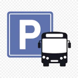 Ein Parkplatzschild mit einem Bus. Das Schild zeigt an, dass Parkmöglichkeiten für Busse vorhanden sind.