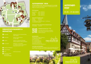 Eine informative Broschüre für das Altstadtfest 2020 in Freinsheim. Sie zeigt einen Veranstaltungskalender und eine Karte der Altstadt mit verschiedenen Veranstaltungsorten.