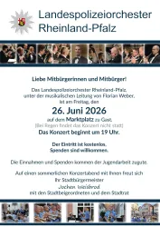 Plakat zum Konzert des Landespolizeiorchesters mit Bilder der Musiker und dem Programm