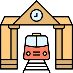 Ein rotes Straßenbahnfahrzeug fährt unter einem großen, architektonisch gestalteten Tor mit einer Uhr. Der Hintergrund ist schlicht und hebt die Szene hervor.