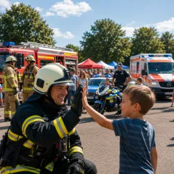 Ein Feuerwehrmann gibt einem Jungen ein High-Five. Im Hintergrund sind Einsatzfahrzeuge und viele Menschen zu sehen.