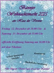 Ein Flyer für den Bannjer Weihnachtsmarkt 2025 am Haus der Vereine. Er informiert über die Termine, die Eröffnung mit dem Nikolaus und bietet eine Übersicht über Speisen, Getränke und musikalische Unterhaltung.