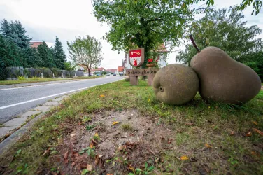 Ein Straßenschild mit dem Wappen einer Gemeinde und zwei großen, runden Objekten, die wie Äpfel oder Birnen aussehen. Die Umgebung ist grün, mit Bäumen und einer ruhigen Straße im Hintergrund.