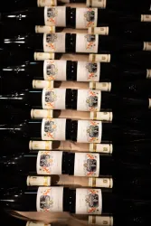 Eine Reihe von Weinflaschen mit aufgedruckten Etiketten. Die Flaschen sind schwarz und ordentlich angeordnet.