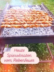 Ein Grill mit köstlichen Spießen, die über glühenden Kohlen zubereitet werden. Im Hintergrund ist eine grüne Wiese zu sehen.