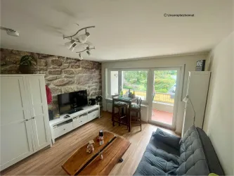 Ein modernes Wohnzimmer mit einem gemütlichen Sofa und einem Fernseher. Große Fenster sorgen für viel Tageslicht und einen Blick ins Grüne.