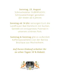 Eine Veranstaltung am Sonntag, 23. August, mit Schmuckgestalten für Kinder und einem entspannenden Picknick im Park. Außerdem gibt es am Samstag und Sonntag Kaffeekompetenzen von der Barista Boutique.