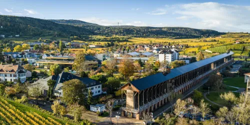 Eine malerische Landschaft mit Weinbergen und einem kleinen Dorf. Im Vordergrund ein modernes Gebäude und im Hintergrund sanfte Hügel.