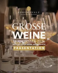 Eine elegante Präsentation von Weingläsern steht im Vordergrund. Darunter sind Informationen zu einer Weinveranstaltung am 31. Oktober 2026 in Bad Dürkheim.