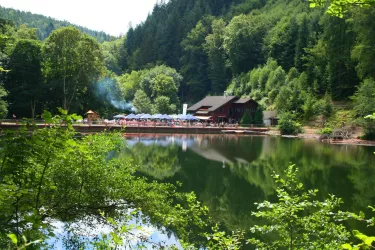 Blockhütte am Isenachweiher (© Stadt Bad Dürkheim)