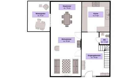 Eine Grundrisszeichnung eines Hauses mit verschiedenen Räumen. Die Bereiche umfassen Esszimmer, Küche, Wohnzimmer, WC, Eingangsbereich und Wintergarten des Erdgeschosses.