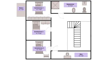 Ein Grundriss des ersten Stocks des Hauses mit verschiedenen Räumen wie Schlafzimmer, Badezimmer und Büro. Der Balkon ist ebenfalls eingezeichnet.