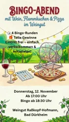 Ein Werbeplakat für einen Bingo-Abend mit Wein, Flammkuchen und Pizza in einem Weingut. Es enthält Informationen über Datum, Uhrzeit und Eintritt.