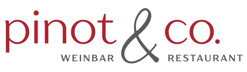Ein stilvolles Logo von "pinot & co. Weinbar Restaurant". Die Farben Rot und Grau sind elegant kombiniert.