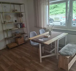 Ein heller Raum mit einem Essbereich, einem Tisch und zwei Stühlen. Im Hintergrund steht ein Regal mit Dekorationsgegenständen.