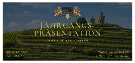 Ein plakativer Hintergrund mit Weinbergen und einem Aussichtsturm. Informationen zu einer Jahrgangspräsentation im Weingut Karl Schaefer in Bad Dürkheim.