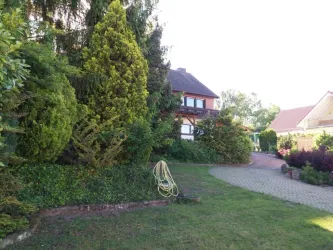 Ein gepflegter Garten mit hohen Bäumen und einer einladenden Einfahrt. Im Hintergrund ist ein modernes Haus sichtbar.