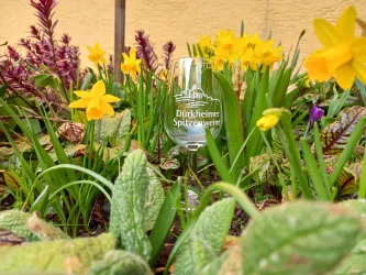 Ein Garten mit bunten Blumen, insbesondere gelben Narzissen. In der Mitte steht ein Weinglas mit der Aufschrift "Dürkheimer Spitzenweine".