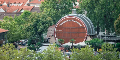 Ein großes, runder Bau mit der Aufschrift "Dürkheimer Riesenfass". Umgeben von Bäumen und Fahnen in den Farben Schwarz, Rot und Gold.