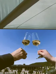 Zwei Gläser Sekt werden im Freien angestoßen. Im Hintergrund ist ein klarer blauer Himmel zu sehen.