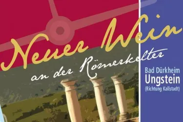 Ein künstlerisches Plakat für eine Weinveranstaltung. Es zeigt die Worte „Neuer Wein an der Römerkelter“ zusammen mit einer Illustration von Säulen und einer Karte.