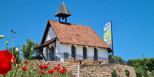 Ein charmantes, weißes Gebäude mit rotem Dach und einem kleinen Turm. Im Vordergrund blühen rote Mohnblumen vor einem klaren blauen Himmel.
