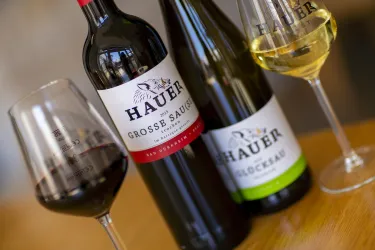 Ein attraktives Arrangement von Weinen auf einem Holzuntergrund. Zu sehen sind eine Flasche Rotwein, eine Flasche Weißwein und ein Glas mit Rotwein.