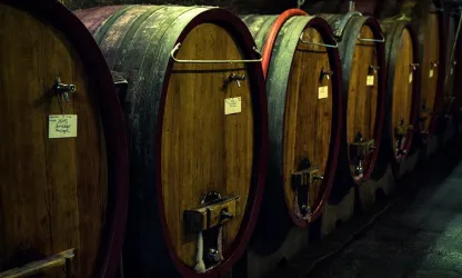 Eine Reihe von großen Holzfässern in einem Weinkeller. Die Fässer sind dunkel und verleihen der Umgebung eine gemütliche Atmosphäre.