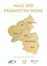 Eine Landkarte von Rheinland-Pfalz mit den wichtigsten Weinregionen. Der Titel lautet "Haus der prämierten Weine".