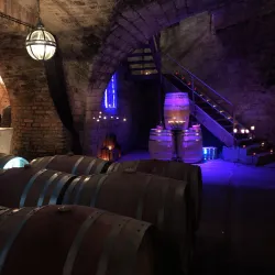 Ein stilvoller Weinkeller mit Holzfässern und sanfter Beleuchtung. Eine Treppe führt nach oben, umgeben von einem gemütlichen Ambiente.