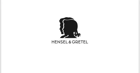 Ein schwarzes Logo, das die Silhouetten von zwei Personen zeigt. Darunter steht der Schriftzug "HENSEL & GRETEL".