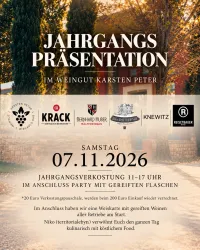 Eine Einladung zur Jahrgangspräsentation im Weingut Karsten Peter. Der Event findet am 07.11.2026 statt und bietet Weinverkostung und kulinarische Angebote.