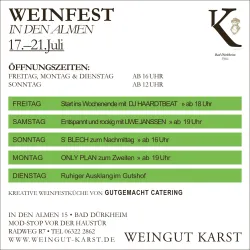 Ein Weinfest mit verschiedenen Veranstaltungen und Öffnungszeiten in Bad Dürkheim. Die Veranstaltung findet vom 17. bis 21. Juli im Weingut Karst statt.