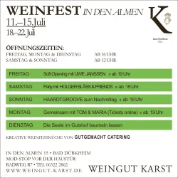 Ein Veranstaltungsplakat für das Weinfest in den Almen, das vom 11. bis 15. Juli stattfindet. Es zeigt die Öffnungszeiten und Programmpunkte für jeden Tag der Feierlichkeiten.