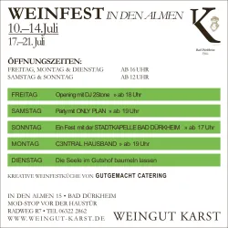 Eine Veranstaltungseinladung zum Weinfest in Bad Dürkheim mit Daten und Öffnungszeiten. Das Fest findet vom 10. bis 14. Juli und vom 17. bis 21. Juli statt.