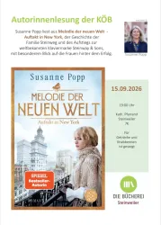 Eine Ankündigung für eine Autorenlesung mit Susanne Popp, die aus ihrem Buch "Melodie der neuen Welt" liest. Das Event findet am 15. September 2026 statt.