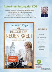 Eine Veranstaltung zur Autorenlesung von Susanne Popp findet am 15. September 2026 statt. Sie liest aus ihrem Buch "Melodie der neuen Welt" in der Pfarrzentrum Steinweiler.