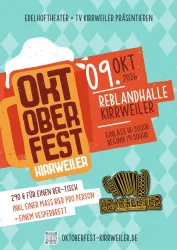 Ein Plakat für das Oktoberfest in Kirrweiler. Es zeigt Informationen über Datum, Veranstaltungsort und Preise für Tickets.