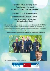 Ein Konzertplakat für ein festliches Konzert in der Pfarrkirche Kirrweiler. Es zeigt Informationen zu den Künstlern und dem Programm sowie das Datum und die Uhrzeit des Events.