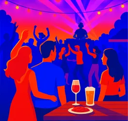 Eine fröhliche Feier mit tanzenden Menschen unter bunten Lichtern. Im Vordergrund stehen Getränke und Snacks auf einem Tisch.