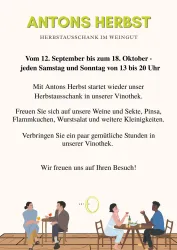Ein Flyer für Antons Herbst, der von 12. September bis 18. Oktober in einem Weingut stattfindet. Es lädt ein, Getränke und Speisen in der Vinothek zu genießen.