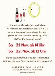 Ein Veranstaltungsplakat von Vinothek Ralph Anton mit Informationen über eine Wein- und Geschenkidee-Aktion. Die Veranstaltung findet am 21. und 22. November statt und bietet Weinproben sowie kleine Speisen an.