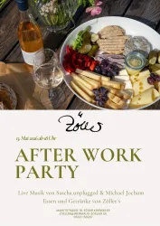 Ein einladendes Partyplakat für eine After Work Party mit feinen Snacks und Getränken. Es zeigt eine Übersicht über das Event, inklusive Musik und Datum.
