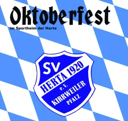 Ein Plakat für das Oktoberfest mit blau-weißen Rauten im Hintergrund. In der Mitte befindet sich das Wappen des SV Herta 1920 e.V. Kirrweiler.