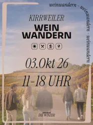 Ein Werbebild für eine Weinwanderung in Kirrweiler. Das Event findet am 3. Oktober 2026 von 11 bis 18 Uhr statt.