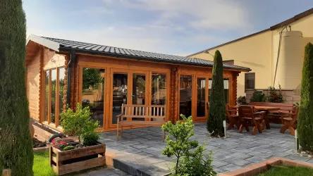 Ein charmantes Holzhaus mit großen Fenstern und einem wenigen Gartenmöbeln. Umgeben von grünen Pflanzen und einem gepflasterten Bereich.