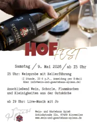 Ein einladendes Plakat für das HoF-Fest mit einem Wein und Gläsern. Es gibt eine Weinprobe, Live-Musik und verschiedene Speisen.