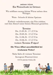 Eine Einladung zu einem Weinschank im Grünen. Es werden Termine mit Wein, Schorle und kleinen Speisen angeboten.