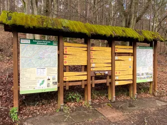 Ein Holzschild mit verschiedenen Informationstafeln steht im Wald. Die Schilder zeigen Wanderwege und wichtige Hinweise für Besucher.