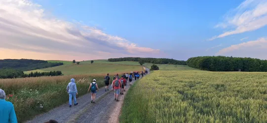Eine Gruppe von Menschen wandert auf einem Weg durch eine grüne Landschaft. Der Himmel ist blau mit sanften Wolken und die Atmosphäre ist friedlich.